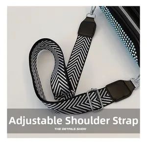 Close-up of adjustable chevron woven strap with silver metal buckle and blue rhinestones