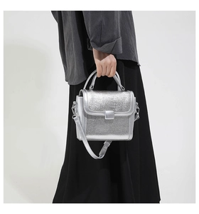 Model wearing a silver metallic crossbody bag with brushed texture and top handle