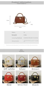 Detailed size chart and multi-color options for rivet box bag with metal chain strap