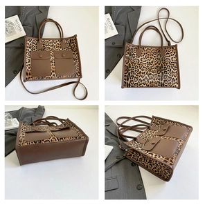 Detailed views of leopard print tote bag with brown leather handles and dual front pockets
