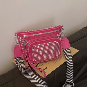 Women Rhinestone Studded Crossbody Bag Faux Suede Multi Zipper Small Shoulder Chest Bag With Wide Striped Strap Trendy