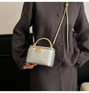 Detailed view of silver box bag with metallic studs and elegant chain strap.