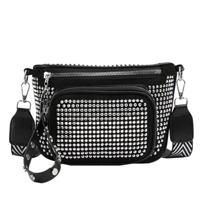 Black studded crossbody bag with silver rivets and wide wave pattern shoulder strap
