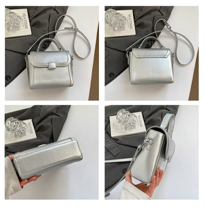 Macro views of the silver PU leather handbag showing the front, back, bottom, and side panels