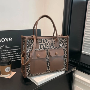 Women Leopard Print Tote Bag PU Leather Large Capacity Dual Pockets Fashion Crossbody Shoulder Handbag