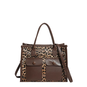 Stylish large capacity leopard print tote bag with brown leather accents and shoulder strap