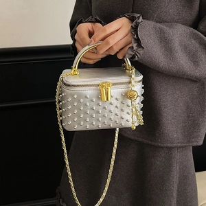 Silver rivet box handbag with gold handle and woven chain strap for women