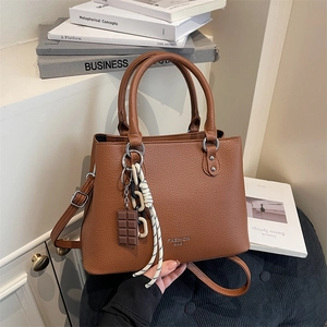 Women Lychee Grain PU Leather Crossbody Handbag Large Capacity Commuter Shoulder Bag With Decorative Pendant Top Handle