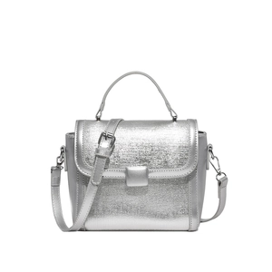 Minimalist silver shoulder bag with metallic brushed texture and adjustable strap
