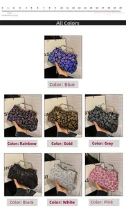 Collage of shell-shaped sequin evening bags in seven colors with scale ruler detail