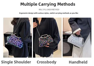 Laser geometric sequin shell evening bag shown as shoulder, crossbody and clutch styles