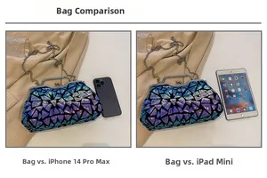 Evening bag size comparison featuring sequin patterns with iPhone and iPad mini reference