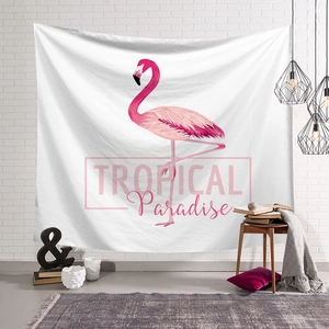 Pink flamingo tapestry with Tropical Paradise text for modern bedroom wall decor