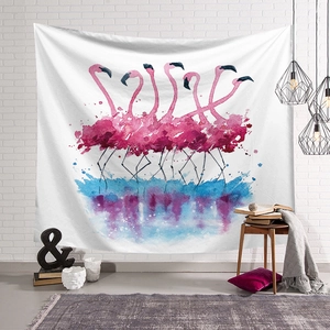 Artistic watercolor flamingo tapestry on white brick wall for bedroom wall decoration