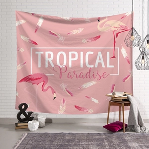 Pink tropical flamingo wall tapestry for bedroom decoration with white brick wall background