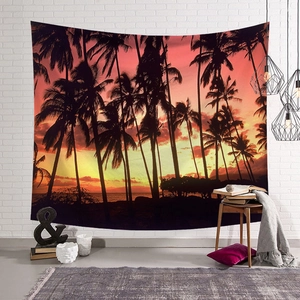Nordic tapestry featuring tropical sunset palm trees silhouette on white brick wall background