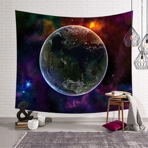 Modern starry universe tapestry featuring a purple nebula in a cozy home interior setting