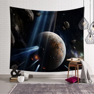 Detailed starry space tapestry with giant planets and comets on a white brick wall