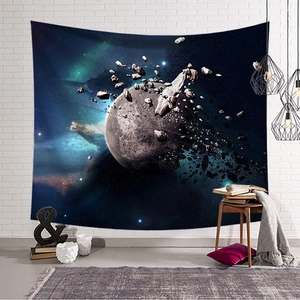 Starry universe tapestry featuring realistic planets and meteorites on white brick wall