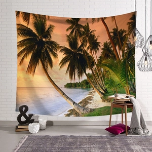 Nordic coconut tree tapestry with tropical sunset beach landscape on a white brick wall