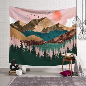 Nordic abstract mountain tapestry with sunset and birds for bedroom wall decor
