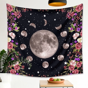 Lunar eclipse floral tapestry featuring moon phases and pink roses on black background