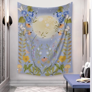 Purple floral moon phase tapestry with flowers and butterflies for wall decoration