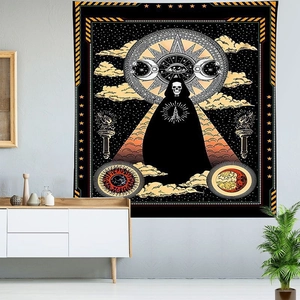 Detailed view of skull tapestry with mystic moon and sun patterns in a modern living room