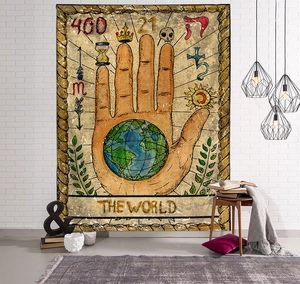 Macro detail of The World tarot tapestry with mystical symbols in a cozy interior setting