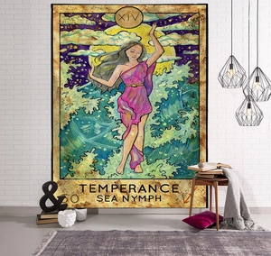 Detailed macro of XIV Temperance tarot wall tapestry featuring a sea nymph design