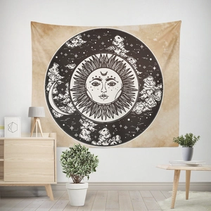 Bohemian sun and moon tapestry on a white wall for vintage home decor