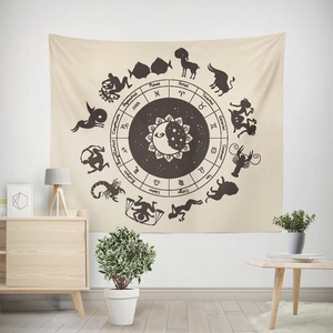 Detail of celestial astrology tapestry with zodiac wheel and sun moon face pattern