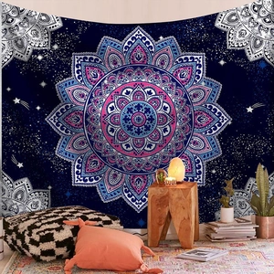 Mandala tapestry wall hanging with starry night design and pink floral patterns
