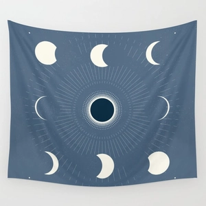 Modern moon phase cycle wall tapestry in deep blue and cream for living room decor