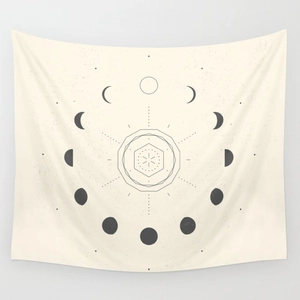 Minimalist moon phase tapestry featuring geometric mandala design on off-white fabric