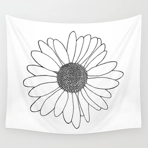 Detailed view of modern white tapestry with minimalist black and white daisy floral pattern