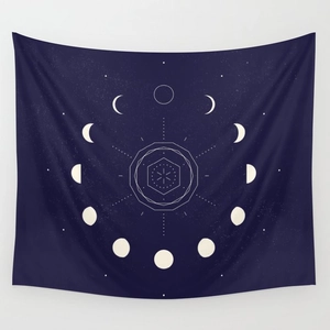 Modern moon phase tapestry with geometric lunar cycle cycle on deep blue fabric background