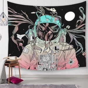 Astronaut art tapestry with cosmic floral patterns on white brick wall background