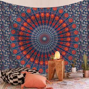Bohemian mandala wall tapestry in deep blue and red for cozy living room decoration