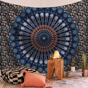 Bohemian mandala tapestry with navy blue and orange patterns for living room wall decor
