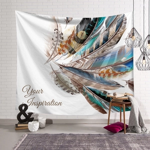 Detailed close-up of a Nordic style wall tapestry featuring colorful feather art and text