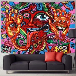 Nordic psychedelic wall tapestry with surrealist face patterns for home decor