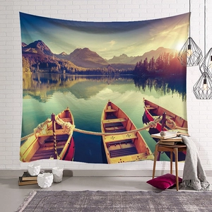 Scenic mountain lake landscape tapestry with wooden boats for home wall decoration