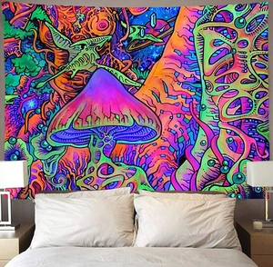 Psychedelic mushroom tapestry wall hanging with vibrant colors for bedroom decor