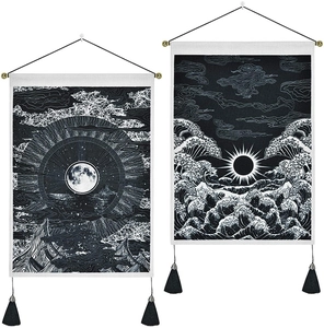 Japanese wave tapestry set with sun and moon designs in black and white minimalist style