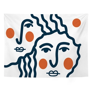 Nordic abstract tapestry featuring blue line art faces and orange dots on white fabric