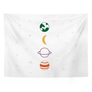 Minimalist celestial wall tapestry featuring planet and star illustrations on white fabric
