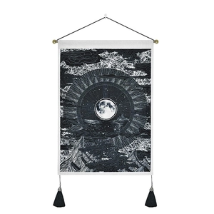 Black and white wall tapestry with mountain and moon art, wood scroll and tassels
