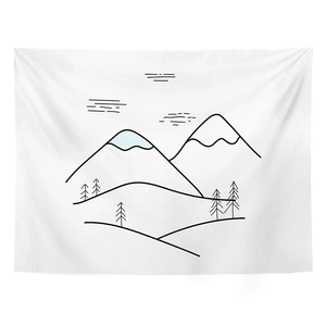 Detail of Nordic tapestry featuring abstract black line mountain and forest patterns