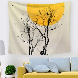 Minimalist sunrise landscape wall tapestry featuring bird and tree silhouettes for decor